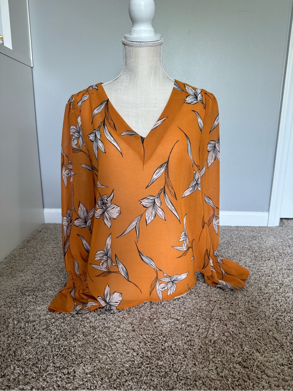 a new day Mustard Orange Floral V-Neck Long Sleeve Blouse